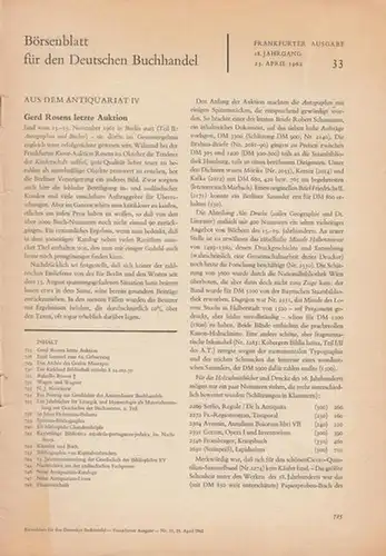 Börsenblatt für den Deutschen Buchhandel. - Aus dem Antiquariat. - Gerd Rosen. - Gerda Bassenge: Aus dem Antiquariat. No 33 vom  25. April 1962...