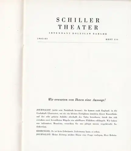 Schillertheater Berlin. - Boleslaw Barlog (Intendanz). - Ionesco, Eugene: Fußgänger der Luft. Programmheft 130 der Spielzeit  1962 - 1963. - Inszenierung: Walter Henn...