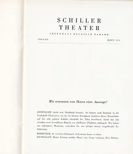 Schillertheater Berlin.   Boleslaw Barlog (Intendanz).   Ionesco, Eugene: Fußgänger der Luft. Programmheft 130 der Spielzeit  1962   1963.. 