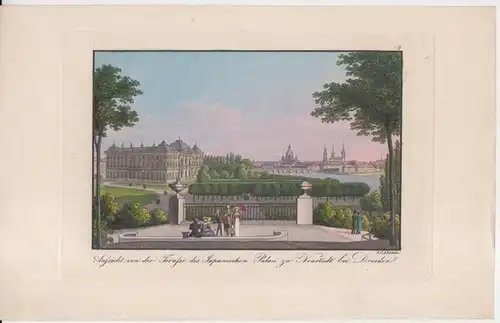 Dresden. - J. C. A. Richter ( Johann Carl August, 1785 - 1853 ): Aussicht von der Terrasse des Japanischen Palais zu Neustadt bei Dresden. No. 9. Alt-kolorierte Originalradierung. 