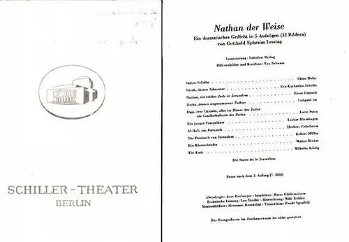 Schillertheater Berlin. - Intendanz: Boleslaw Barlog. - G. E. Lessing: Programmheft zu: Nathan der Weise. Spielzeit 1964/1965, Heft 116. Inszenierung: Boleslaw Barlog, mit u. a.: Ernst Deutsch, Lothar Blumhagen, Claus Holm, Eva-Katharina Schultz. 