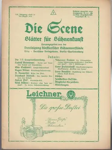 Scene, Die. - Vereinigung künstlerischer Bühnenvorstände. - Heine, Carl Dr. (Hrsg.): Die Scene. VIII. Jahrgang, Heft 7/8, Juli - August 1918. Blätter für Bühnenkunst...