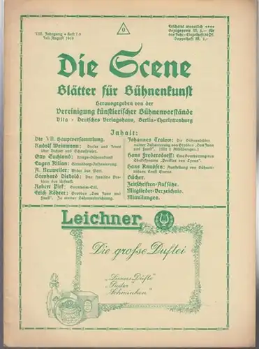 Scene, Die.   Vereinigung künstlerischer Bühnenvorstände.   Heine, Carl Dr. (Hrsg.): Die Scene. VIII. Jahrgang, Heft 7/8, Juli   August 1918. Blätter.. 