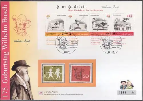 Wilhelm Busch, Luxus - Ersttagsbrief ' Wilhelm Busch ' zu dessen 175. Geburtstag, Nummer 1688. - Enthaltend: 6 Sonder - Briefmarken ( Porträt des Dichters / Max und Moritz / Hans Huckebein ) und 2 Sonderstempel