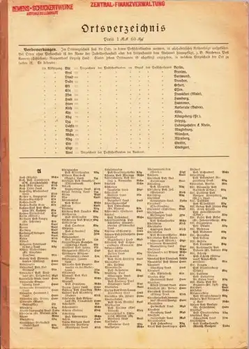 Deutsche Reichspost: Ortsverzeichnis Postscheckkunden. Ausgabe 1931(?). Ortsverzeichnis mit Orten, in denen Postscheckkunden wohnen, in alphabetischer Reihenfolge, jeweils abgekürzt (mit Legende). Einträge nach folgenden Orten sortiert:.. 