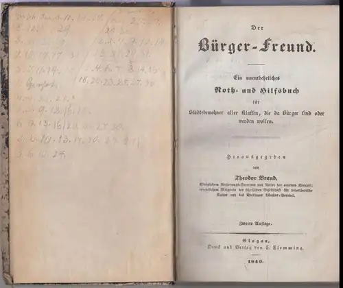 Bürgerfreund.   Brand, Theodor: Der Bürger   Freund. Ein unentbehrliches Noth  und Hilfsbuch für Städtebewohner aller Klassen, die da Bürger sind oder.. 