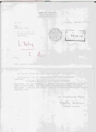 Weiser, Grethe ( 1903 - 1970 ). - Ernst Aufricht: Maschinenschriftlicher Brief von Grethe Weiser an die ' BZ ' in Berlin, betreffend das Buch von Ernst Aufricht ' Erzähle, damit du dein Recht erweist ' , welches sie sich vom Verlag wünscht. 