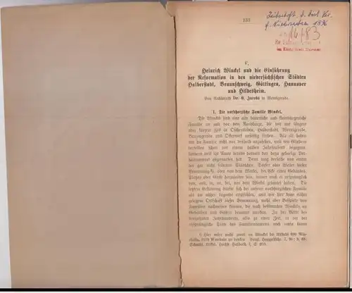 Winckel, Heinrich. - Jacobs, E: Heinrich Winckel und die Einführung der Reformation in den niedersächsischen Städten Halberstadt, Braunschweig, Göttingen, Hannover und Hildesheim. 