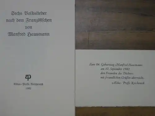 Hausmann, Manfred: Sechs Volkslieder nach dem Französischen von Manfred Hausmann. Mit 6 Holzstichen von Hermann Huffert. 