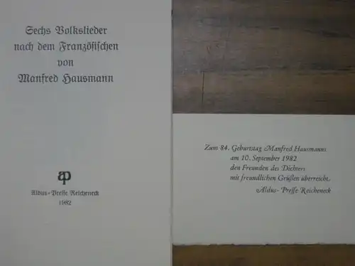 Sechs Volkslieder nach dem Französischen von Manfred Hausmann. Mit 6 Holzstichen von Hermann Huffert