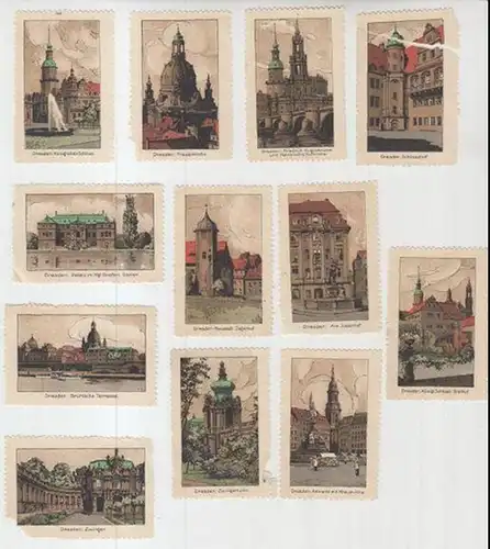Reklamemarken. - Dresden: Serie Dresden mit 12 Bildern ( so wohl komplett ). - Motive: Königliches Schloss / Frauenkirche / Friedrich - Augustbrücke und Katholische...