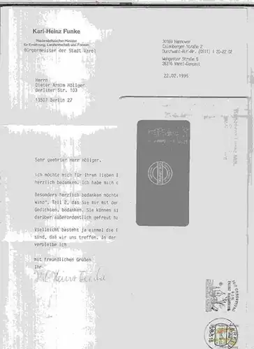 Funke, Karl   Heinz ( geboren 1946 in Dangast ): Maschinenschriftlicher Brief des damaligen niedersächsischen Landwirtschaftsministers Karl Heinz Funke an den ehemaligen Berliner Oberamtsrat.. 