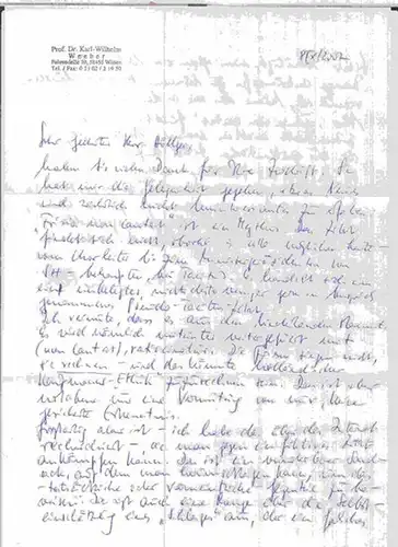 Weeber, Karl   Wilhelm ( geboren 1950 ): Handschriftlicher Brief des Philologen und Althistorikers Karl Wilhelm Weeber an den ehemaligen Berliner Oberamtsrat und Dichter.. 