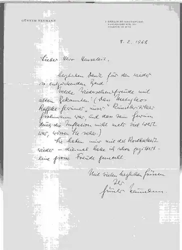 Neumann, Günter ( Kabarettist, 1913 - 1972 ). - Felix Henseleit: Handschriftlicher Brief des Kabarettisten an den Publizisten Felix Henseleit, signiert und datiert 8. 2. 1968. 