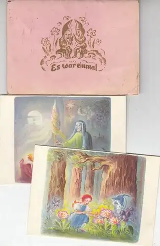 Langen, Hildegard: Es war einmal. Mappe mit sechs Farbpostkarten. Farbige Aquarell-Postkarten von Hilde Lange mit 6 Motiven: 2 x Schneewittchen / 2 x Dornröschen / 2 x Rotkäppchen. 