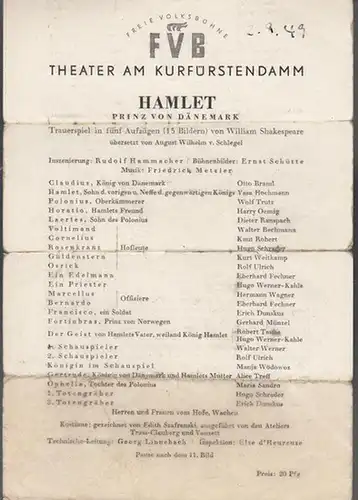 Theater am Kurfürstendamm Berlin.   William Shakespeare: Hamlet. Spielzeit 1949 / 1950. Inszenierung: Rudolf Hammacher. Mit u. a.: Vasa Hochmann, Otto Braml, Dieter Ranspach.. 