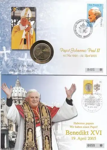Papst Johannes Paul II, 2 Gedenkbriefe mit offizieller polnischer Gedenkmünze im Nennwert von 2 Zloty ( Motiv: 25 Jahre Pontifikat ), Sondermarke zum Todestag Johannes Pauls II. sowie letzter Sondermarke mit dessen Abbildung