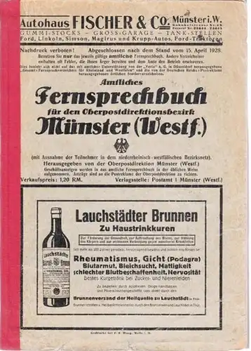 Münster.- Oberpostdirektion Münster (Westf.) (Hrsg.): Amtliches Fernsprechbuch 1928 für den Oberpostdirektionsbezirk Münster (Westf.) (mit Ausnahme der Teilnehmer in dem niederrheinisch-westfälischen Bezirksnetz). 