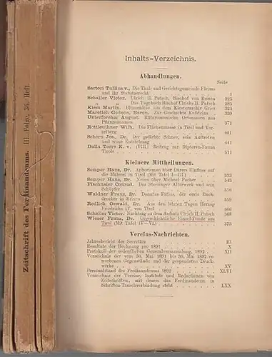 Ferdinandeum. - Tirol. - Vorarlberg: Zeitschrift des Ferdinandeums für Tirol und Vorarlberg. Dritte Folge, (36.) sechsunddreissigstes Heft. Herausgegeben von dem Verwaltungs-Ausschusse desselben. 