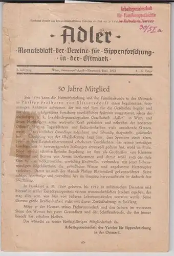 Adler. - Schriftleitung: Walter Klemm. - Hans v. Bourcy. - Alfons Lhotsky / Leopold Sailer (Autoren): Adler. April bis Heumond ( Juni ) 1943, 4...