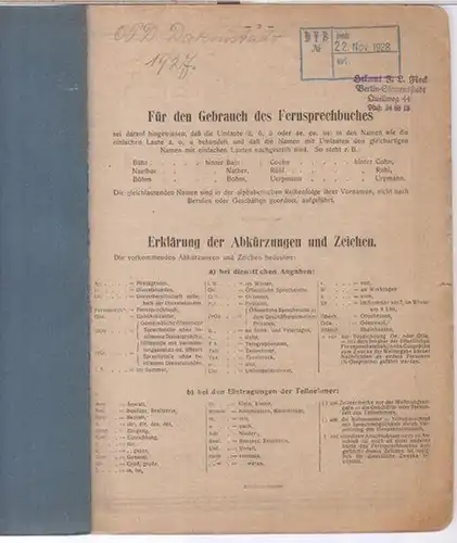 Darmstadt -  Oberpostdirektion: Amtliches Fernsprechbuch - Ausgabe 1927 - für den Oberpostdirektionsbezirk Darmstadt. - Mit Branchen-Fernsprechbuch für den Oberpostdirektionsbezirk Darmstadt ausschließlich Offenbach ( Main...