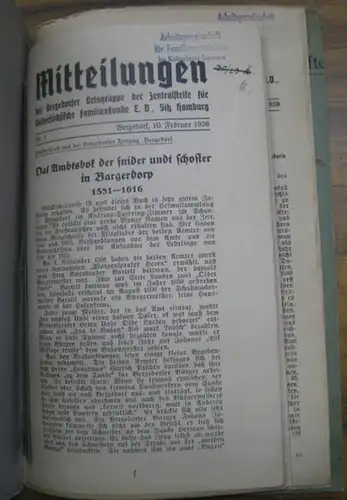 Bergedorf. - Ortsgruppe der Zentralstelle für  Niedersächsische Familienkunde, Hamburg (Hrsg.): Mitteilungen der Bergedorfer Ortsgruppe, Nummern 1 bis 8, Februar 1936 bis Juli 1939...