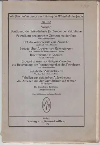 Wünschelrutenfrage.   Beiträge: Dyck / Rudolf Frhr. v . Maltzahn / Kurt Oßwald / Darder / Graf Carl v. Klinckowstroem: Heft 12 der Schriften.. 