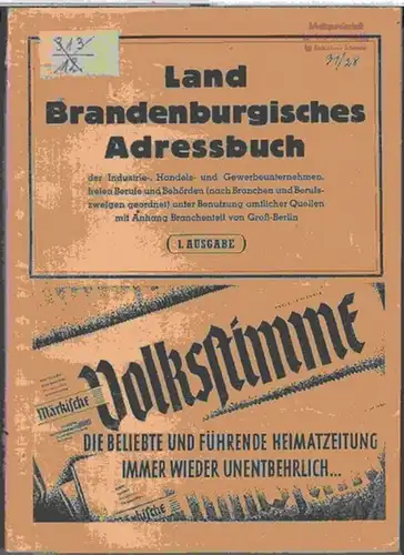 Brandenburg. - Adreßbuch: Land Brandenburgisches Adressbuch ( 1946 ) der Industrie-, Handels- und Gewerbeunternehmen, freien Berufe und Behörden ( nach Branchen und Berufszweigen mit Telefon...