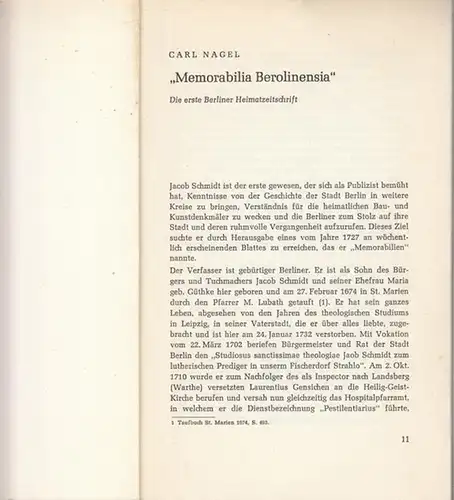 Nagel, Carl: ' Memorabilia Berolinensia ' - Die erste Berliner Heimatzeitschrift. 