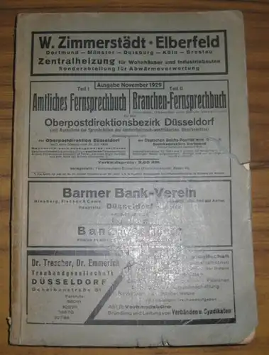 Düsseldorf.- Oberpostdirektion Düsseldorf / Deutsche Reichs-Postreklame: Amtliches Fernsprechbuch, Ausgabe November 1929 für den Oberpostdirektionsbezirk Düsseldorf. Teil I: Amtliches Fernsprechbuch. Teil II: Branchen-Fernsprechbuch. 