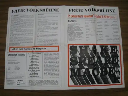 MacBeth. - William Shakespeare. - Freie Volksbühne Berlin. - Intendant: Kurt Hübner: Programmheft zu: Macbeth, 1973, 12. Oktober bis 11. November. - Mit Franz Gary, Margit Carstensen u. a. - Besetzungsliste siehe Foto !. 