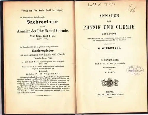 Wiedemann, G. / J. Klug: Namenregister zum 1 - 35. Band: Annalen der Physik und Chemie - Neue Folge. 