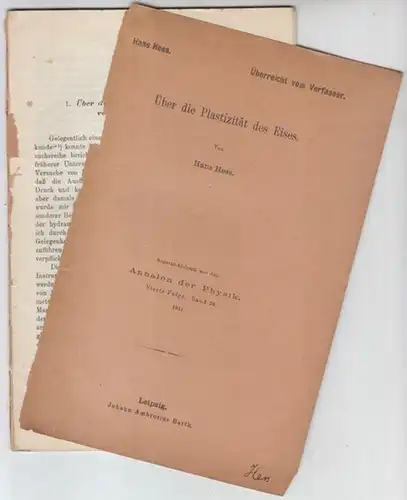 Hess, Hans: Über die Plastizität des Eises. - Separat-Abdruck aus den Annalen der Physik, vierte Folge, Band 36, 1911. 