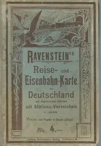 Ravenstein, Hans: Ravenstein´s Reise  und Eisenbahn Karte von Deutschland und angrenzenden Gebieten mit Stations Verzeichnis. Maßstab 1:1 250 000. Nach Entwürfen von Hans Ravenstein.. 