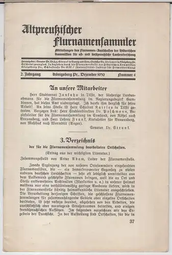 Altpreußischer Flurnamensammler. - Herausgeber: Dr. Strunk / Dr. Ziesemer. - Artur Adam: Altpreußischer Flurnamensammler. Dezember 1930, 2. Jahrgang, Nummer 4. - Inhalt: Artur Adam...