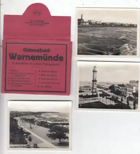 Ostsee. - Kunstanstalt Stengel (Hrsg.): Ostseebad Warnemünde. 10 Ansichten in echter Photographie. - Motive: Strand / Strand mit Leuchtturm / Strandpromenade aus 2 Blickwinkeln /...