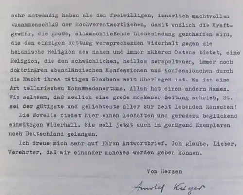 Krieger, Arnold (Dirschau in Westprueßen 1904 - Frankfurt am Main 1965; Romancier, Lyriker, Dramatiker) / Hans Knudsen (Adressat): 5 maschinenschriftriftliche Briefe mit Unterschrift. 