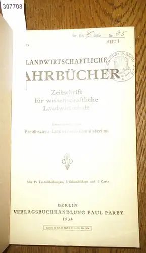 Landwirtschaftliche Jahrbücher.   Preußisches Landwirtschaftsministerium  (Hrsg.).    Lehmann, E. / Bader, August / Mittmann, Gertrud / Schnitzler, Ottmar / Freckmann, W.. 