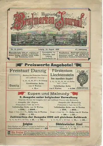 Senf, Gebrüder (Herausgeber): Illustriertes Briefmarken-Journal. 47. Jahrgang, Nr. 16, Leipzig, 28. August 1920. 