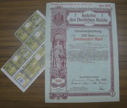 Schuldverschreibung, 5 Prozent Anleihe des Deutschen Reichs vom Jahre 1916. Schuldverschreibung über 200 Mark Reichswährung. Lit. E, Nr. . Verzinslich mit Fünf vom Hundert vom 1. April 1917 ab. Unkündbar seitens des Reichs bis zum 1. Oktober 1924. 