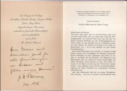 Benn, Gottfrid.   Heinz Friedrich.   Herbert Fleissner.   Zeichung: Wilfried Zeller Zellenberg: Gottfried Benn und der Limes Verlag.   Vortrag.. 