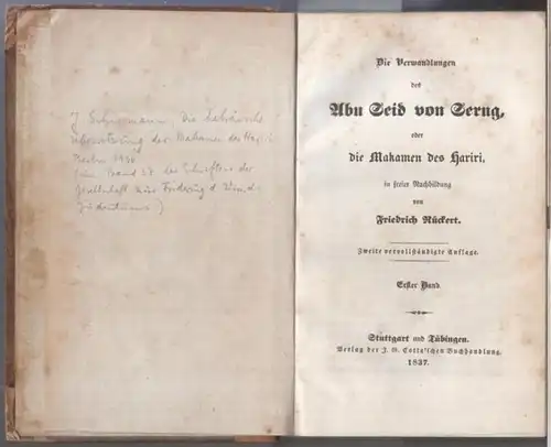 Rückert, Friedrich: 2 Bände in einem Buch: Die Verwandlungen des Abu Seid von Serug, oder die Makamen des Hariri. In freier Nachbildung von Friedrich Rückert. 