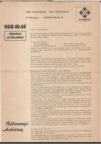VEB Keramik, MB 3 Herdbau: Bedienungsanleitung HGB / 40.60 Allgasherd als Baueinheit. 