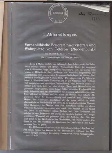 Asmus, R: Vorneolithische Feuersteinwerkstätten und Wohnplätze von Teterow ( Mecklenburg ). - KOPIE aus: Mannus 3, 1911. 