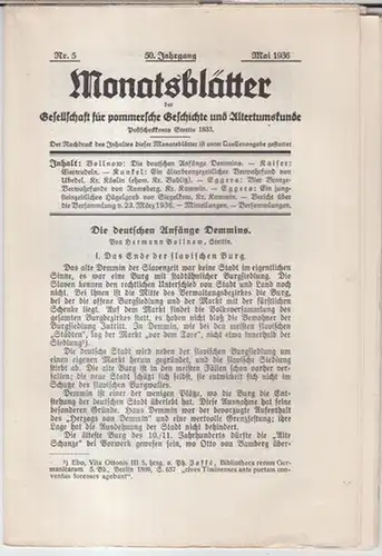 Gesellschaft für pommersche Geschichte und Altertumskunde.   Schriftleitung: Dr. (Erich) Sandow.   Beiträge: Hermann Bollnow / Karl Kaiser / Otto Kunkel u. a:.. 