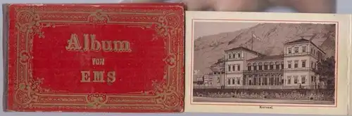 Bad Ems: Album von Ems. 12 Ansichten. - Motive: Kursaal / Promenade / Kurhalle / Russische Kapelle / Englische Kirche / Schloss Schaumburg / Hotel zu den 4 Thürmen / Stein-Denkmal bei Nassau / Burg Lahneck / Kapellen und Schloss Stolzenfels u. a. 