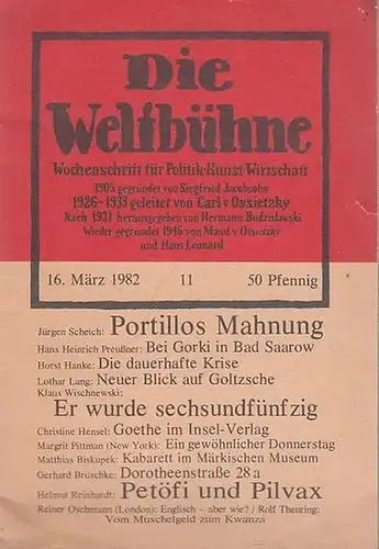 Weltbühne.  Siegfried Jacobsohn (Begr.)   Maus von Ossietzky, Hans Leonhard, Peter Theek u.a: Die Weltbühne. 77. Jahrgang (XXXVII) 1982 Heft 11 von 16.. 