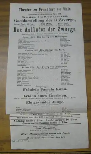 Besetzungsliste zu: Das Auffinden der Zwerge. - Gastdarstellung der 3 Zwerge, Herren Jean Piccolo, Jean Petit und Kiss Jozsi. Samstag, den 9. October 1858, Abonnement-Vorstellung Nro. 261 im Theater zu Frankfurt am Main. - Skizzen aus dem Leben der Zwerge