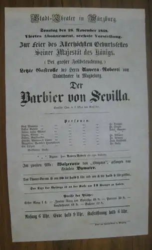 Besetzungsliste zu: Der Barbier von Sevilla.   Sonntag den 28. November 1858, viertes Abonnement, sechste Vorstellung im Stadt Theater in Würzburg.   Komische.. 