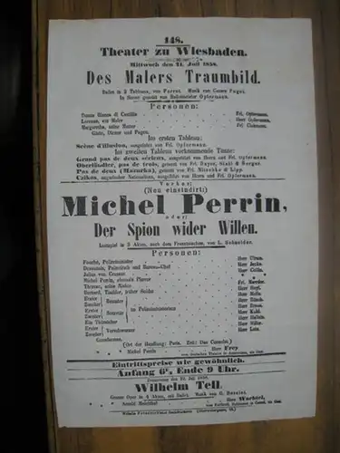 Besetzungszettel zu: Des Malers Traumbild. - Mittwoch den 21. Juli 1858 im Theater zu Wiesbaden, Vorstellung Nr. 148. - Ballet in 2 Tableaux, von Perrot. Musik von Cesare Pugni. In Scene gesetzt von Balletmeister Opfermann. - Mit: Frl. und Herr Opfermann,